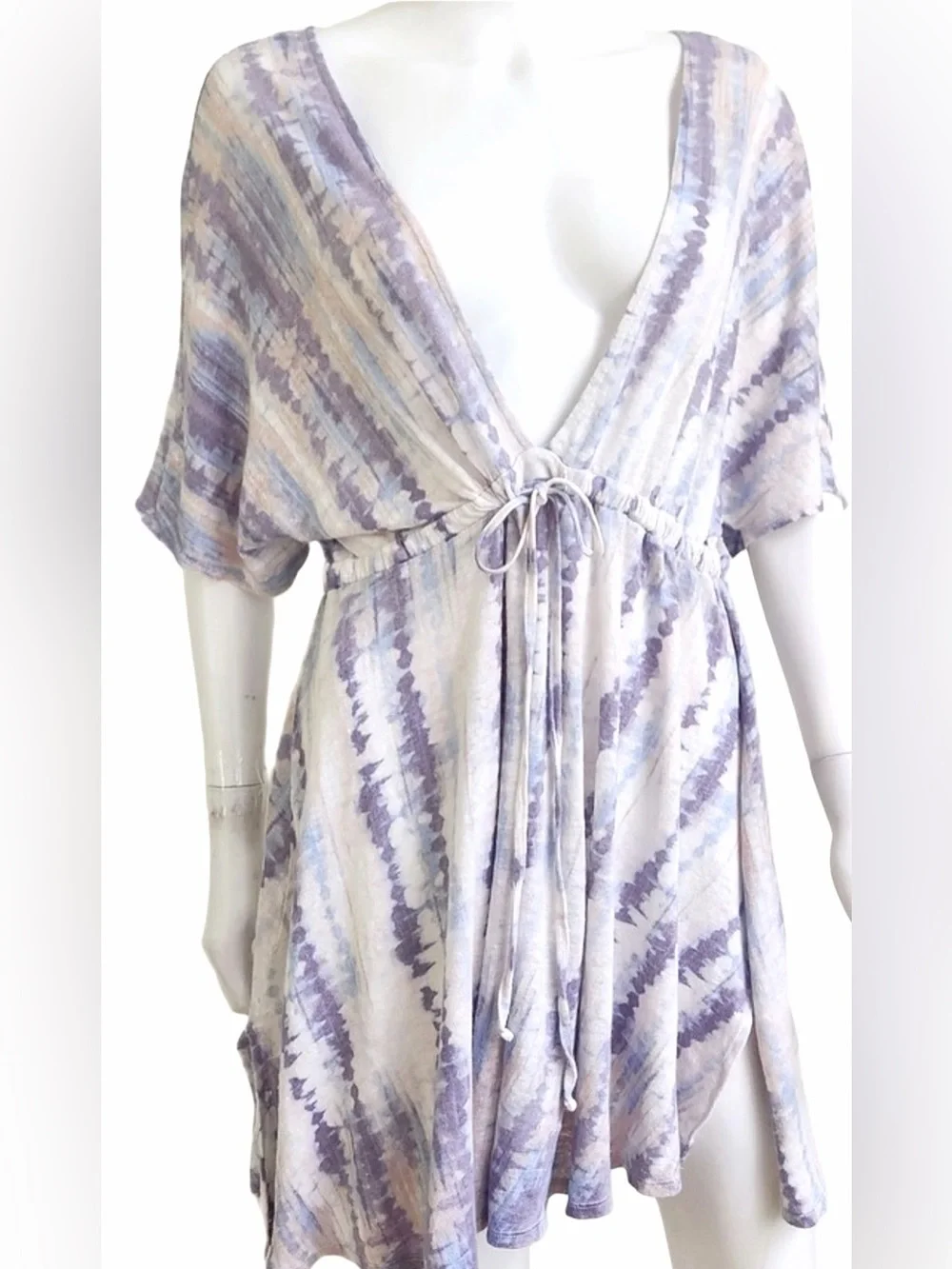Cynthia Rowley 100% linen Pastel Tie-Dye V-Neck Drawstring Coverup Dress